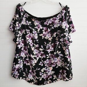 White House Black Market Top Black Purple Floral Wide Neck Flutter Short Sleeve